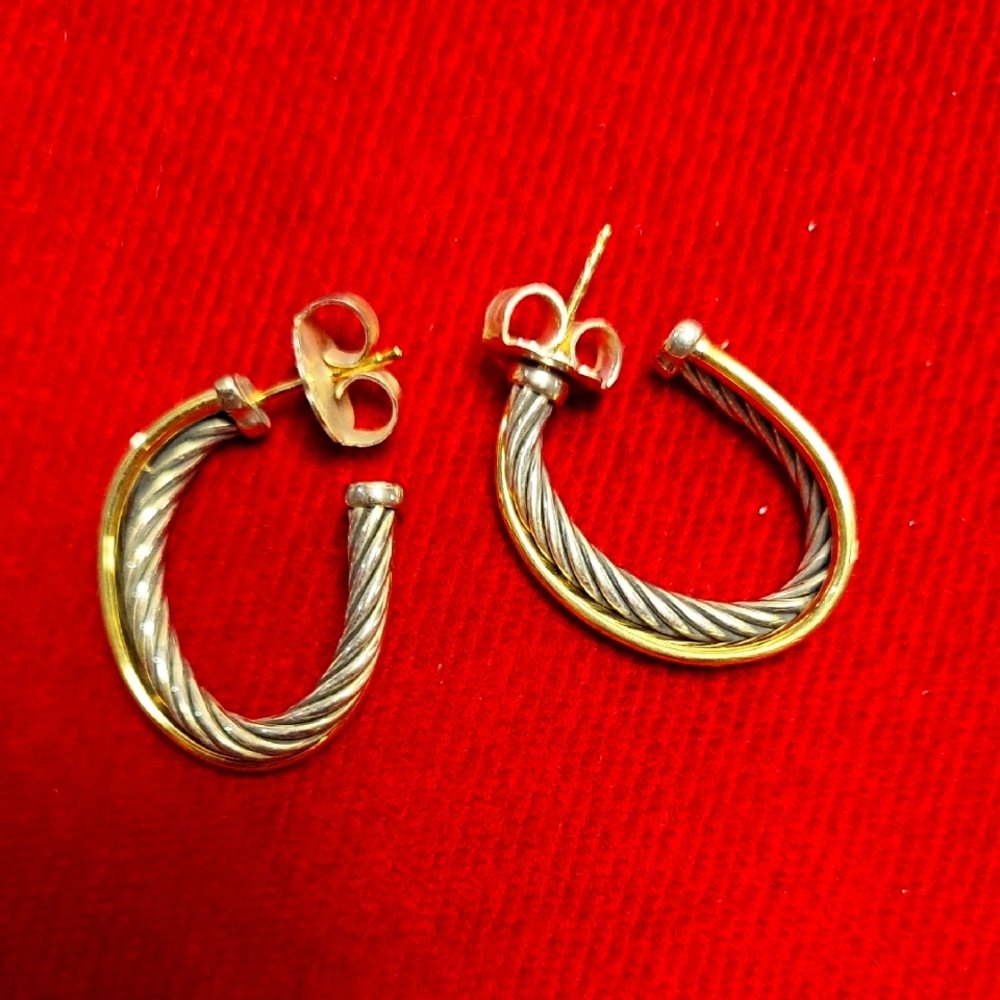 David Yurman Classic Cable 18k Yellow Gold & Sterling Long Hoop Earrings